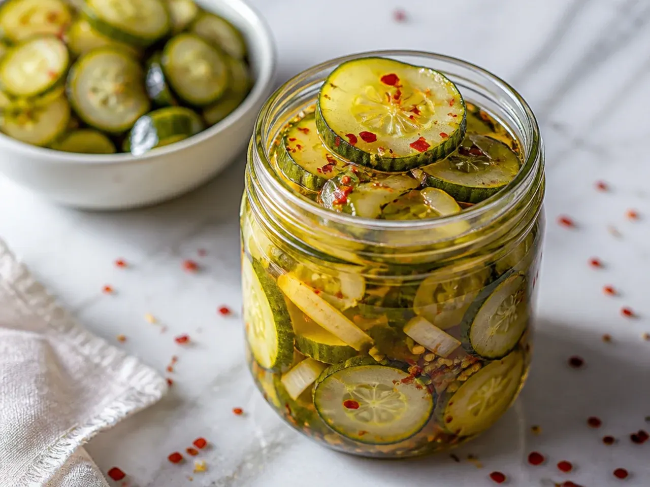 Hands pouring cold vinegar brine from a jug over sliced cucumbers in a mason jar.