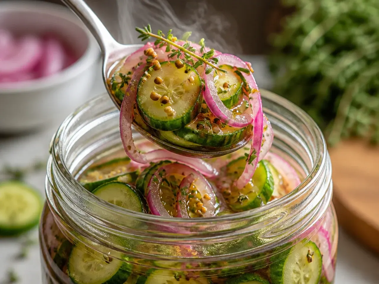 Fresh dill fronds and garlic cloves tucked between sliced cucumbers in a glass jar.