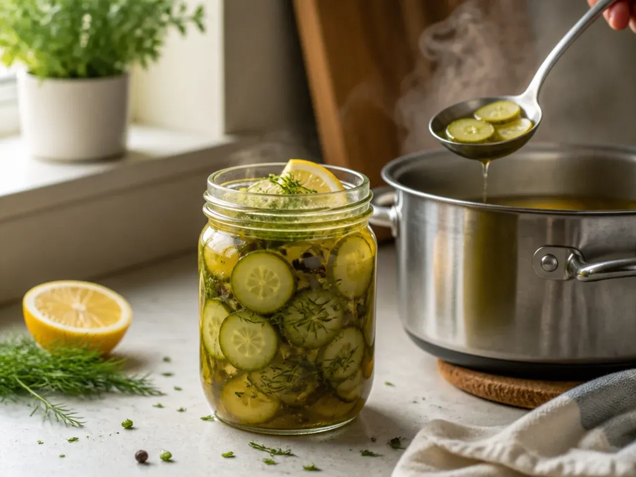Cinnamon stick, cloves and star anise resting beside a warm amber pickle brine in a saucepan.