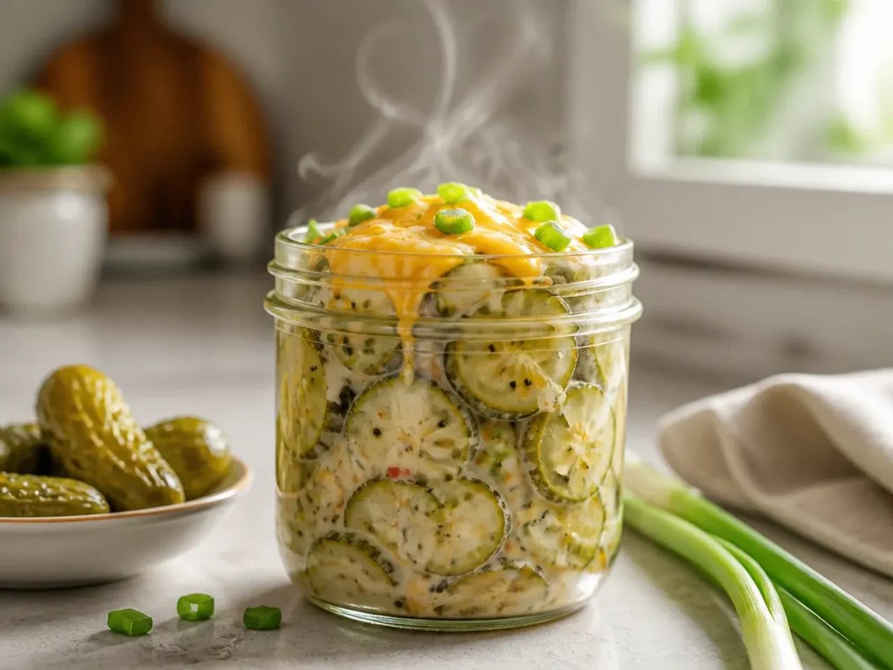Bowl of creamy pickle salad with soured cream dressing and fresh chives on top.