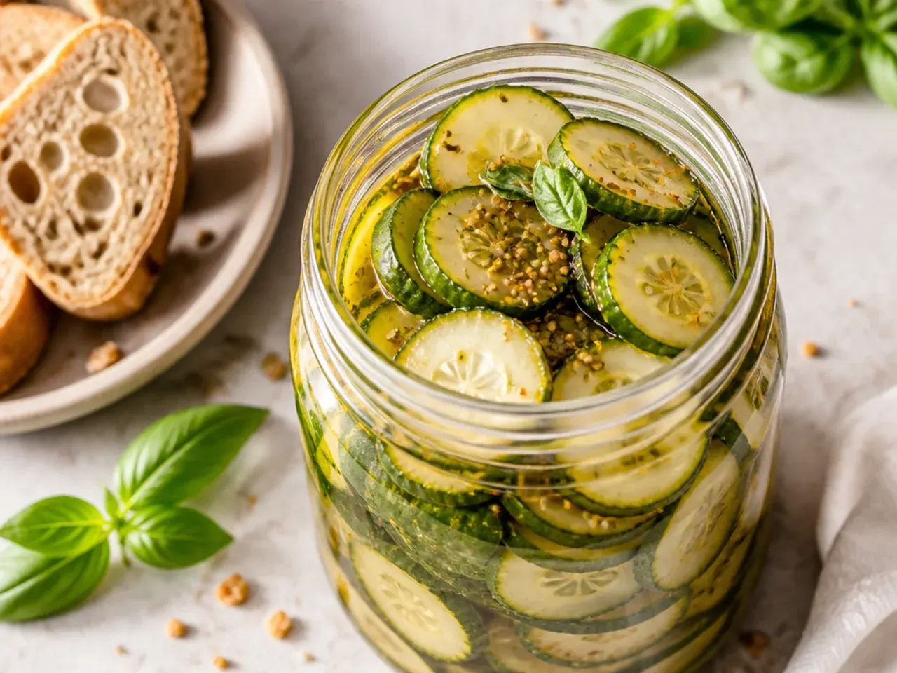 A minimalist jar of plain sweet pickles with clear brine and no visible spices.