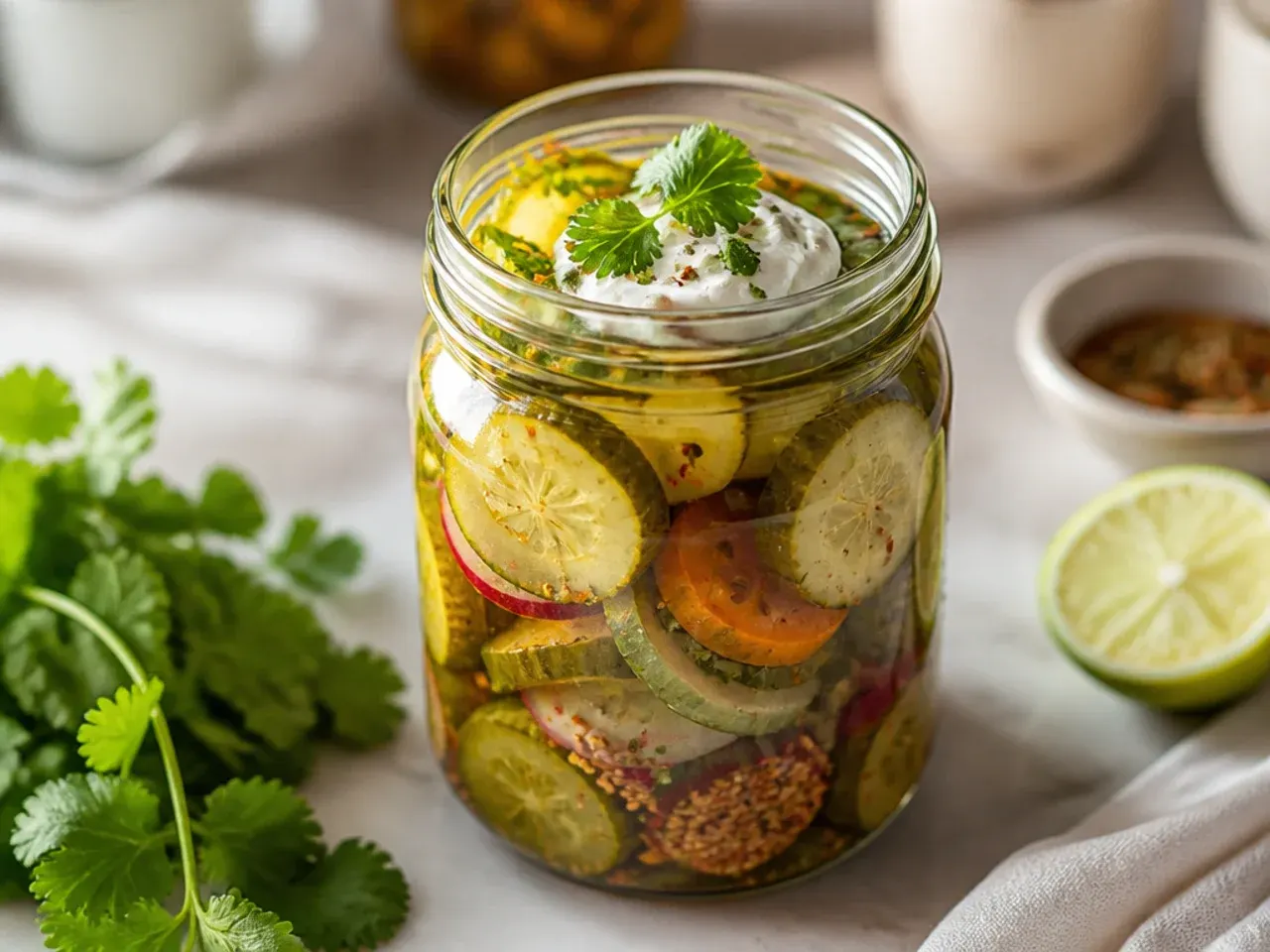 Sliced jalapeño and red chilli flakes floating in a jar of sweet pickle brine.
