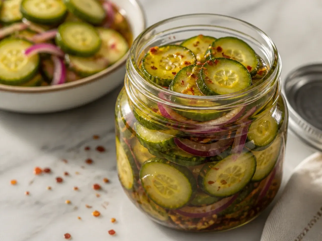 Thin cucumber rounds being sliced on a mandoline over a glass jar.