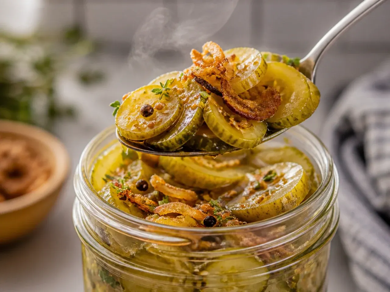 Thick cucumber spears standing upright in a wide-mouth jar with dill and garlic.
