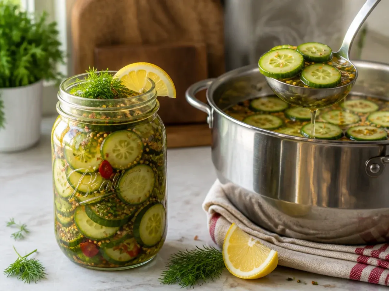 Colourful jar loaded with pickled cauliflower, carrot ribbons and bell pepper strips alongside cucumber.