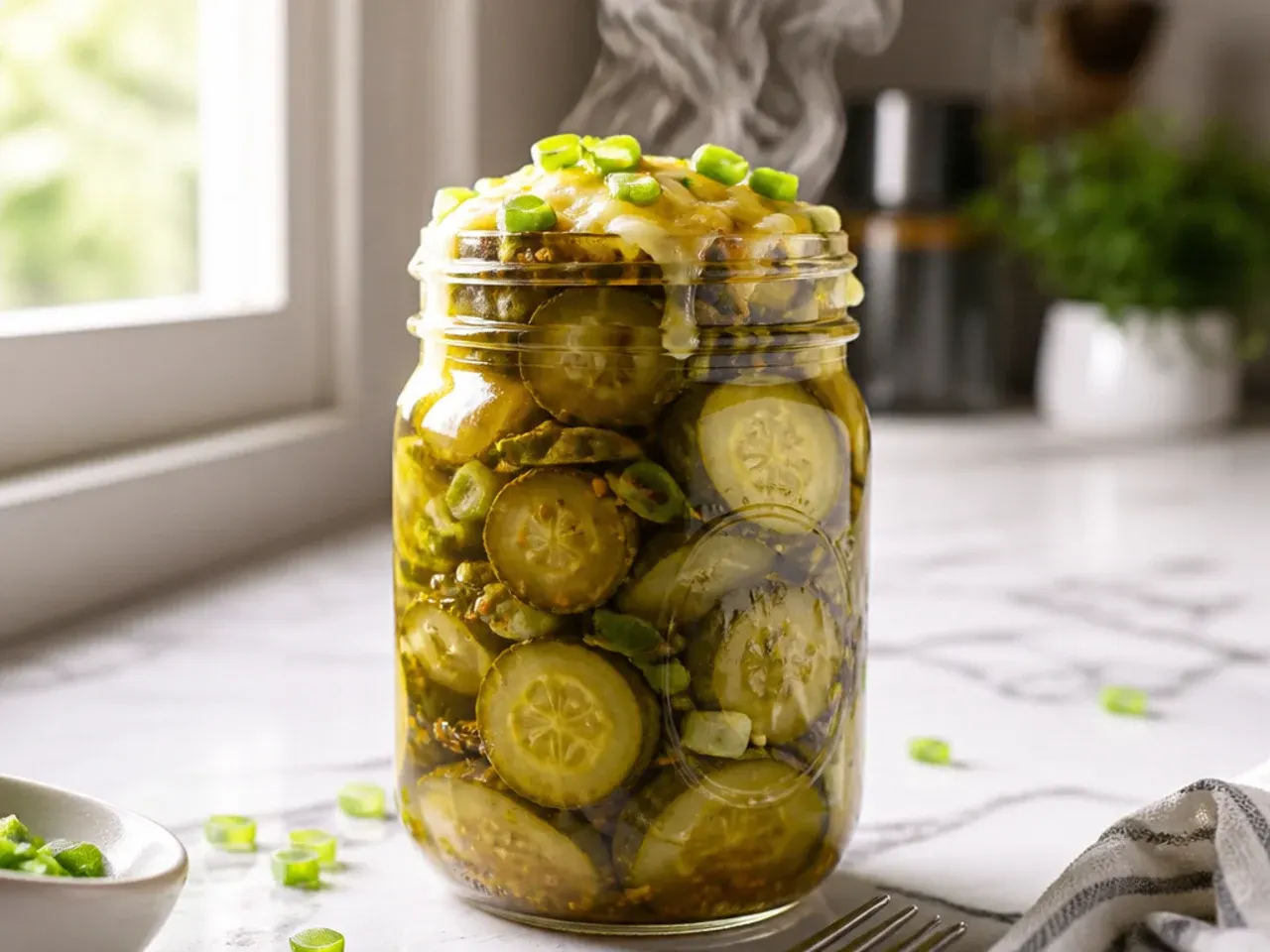 Small lunchbox-friendly cucumber pickle rounds packed into a jar with mild, pale brine.