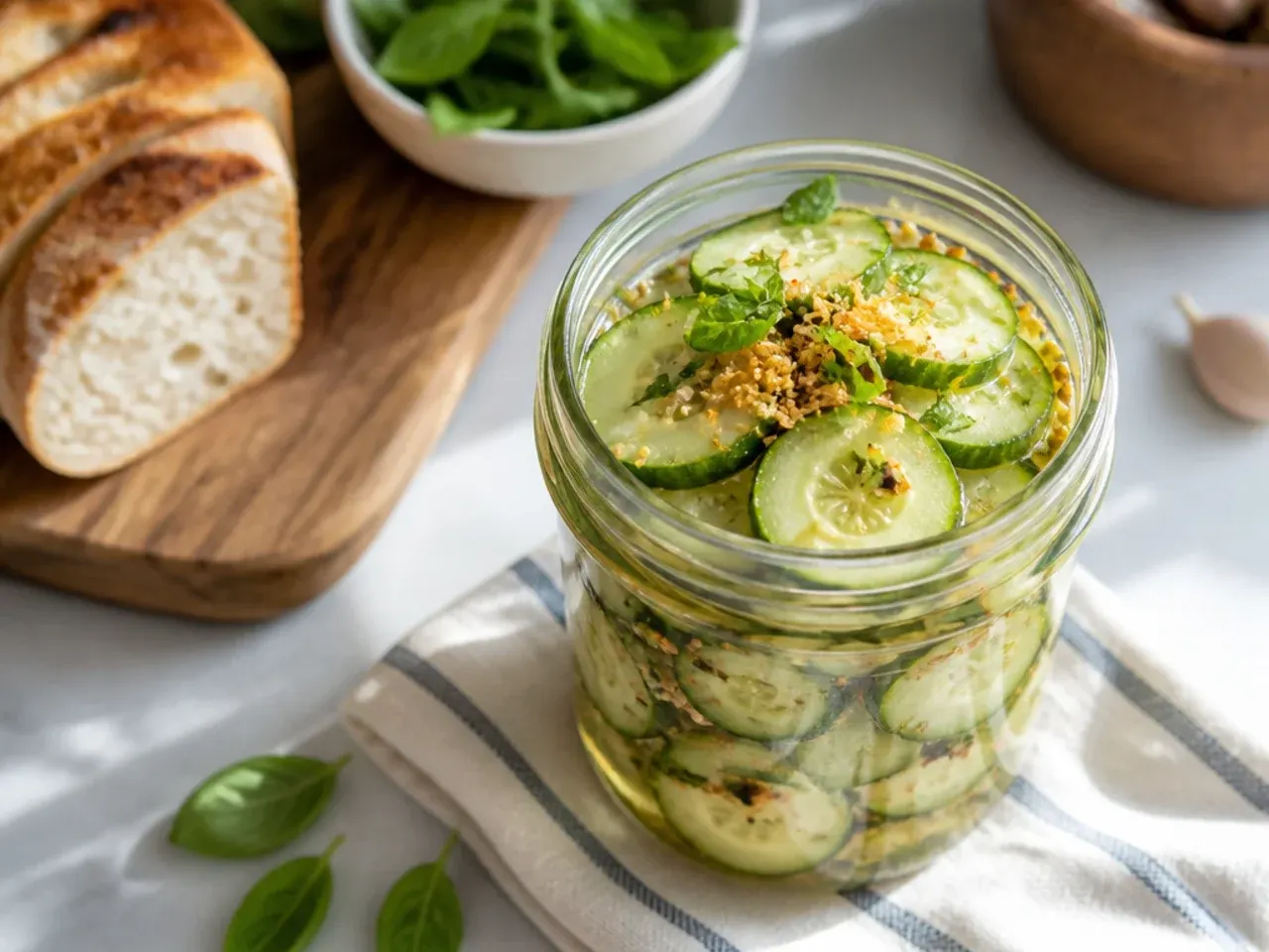 Extra-crisp sweet pickle slices on a fork above an open jar with visible mustard and celery seed.