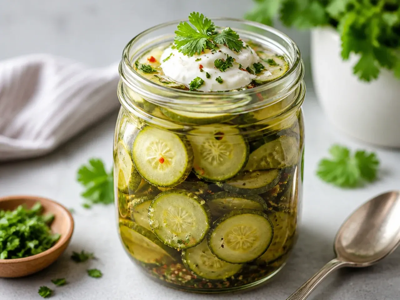 A microwave-safe jug of warm pickle brine being poured over cucumber slices in a jar.