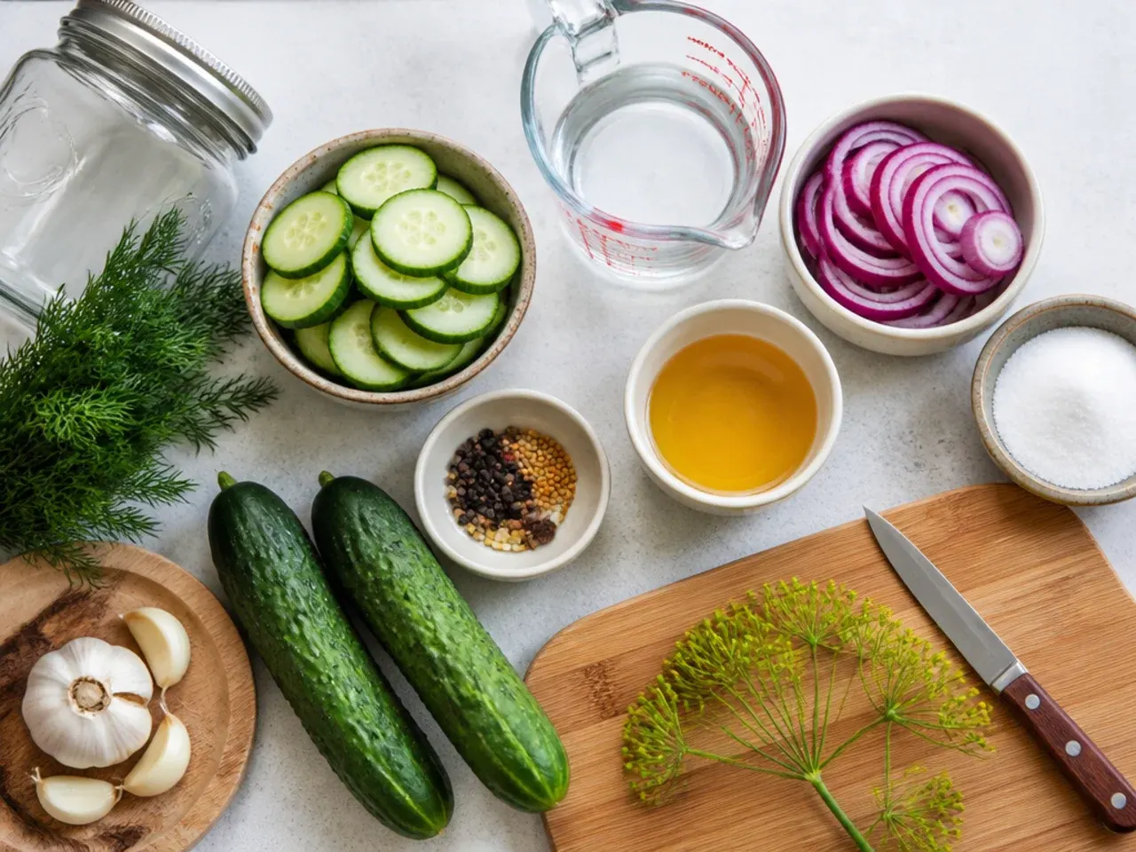 Salted cucumber slices draining in a colander next to a bowl of collected liquid.