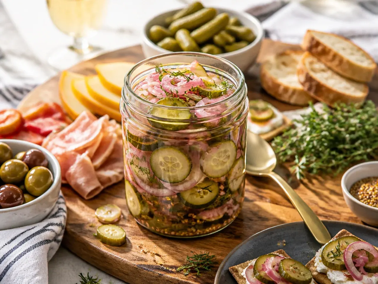 A loaded burger topped with sweet refrigerator pickle slices next to a cheese board with more pickles.