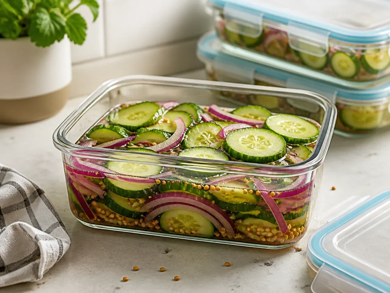 Labelled glass jars of sweet refrigerator pickles lined up on a fridge shelf.