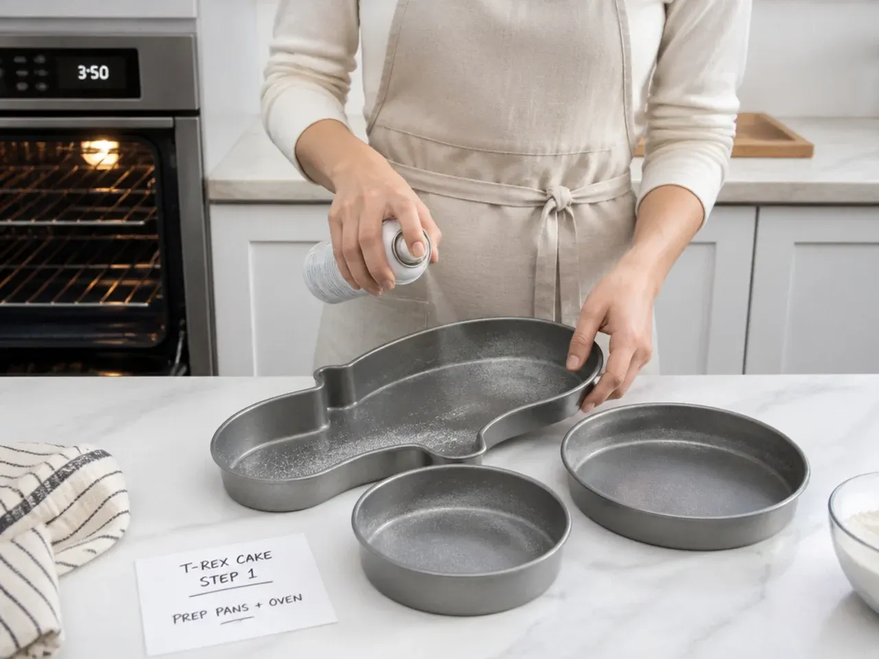 t rex cake — step 1: prep pans and oven