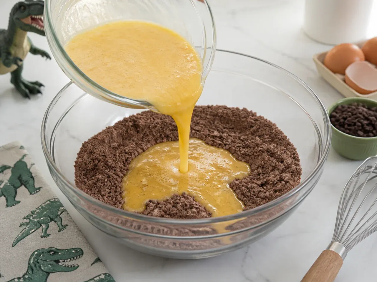 t rex cake — step 3: add the wet ingredients