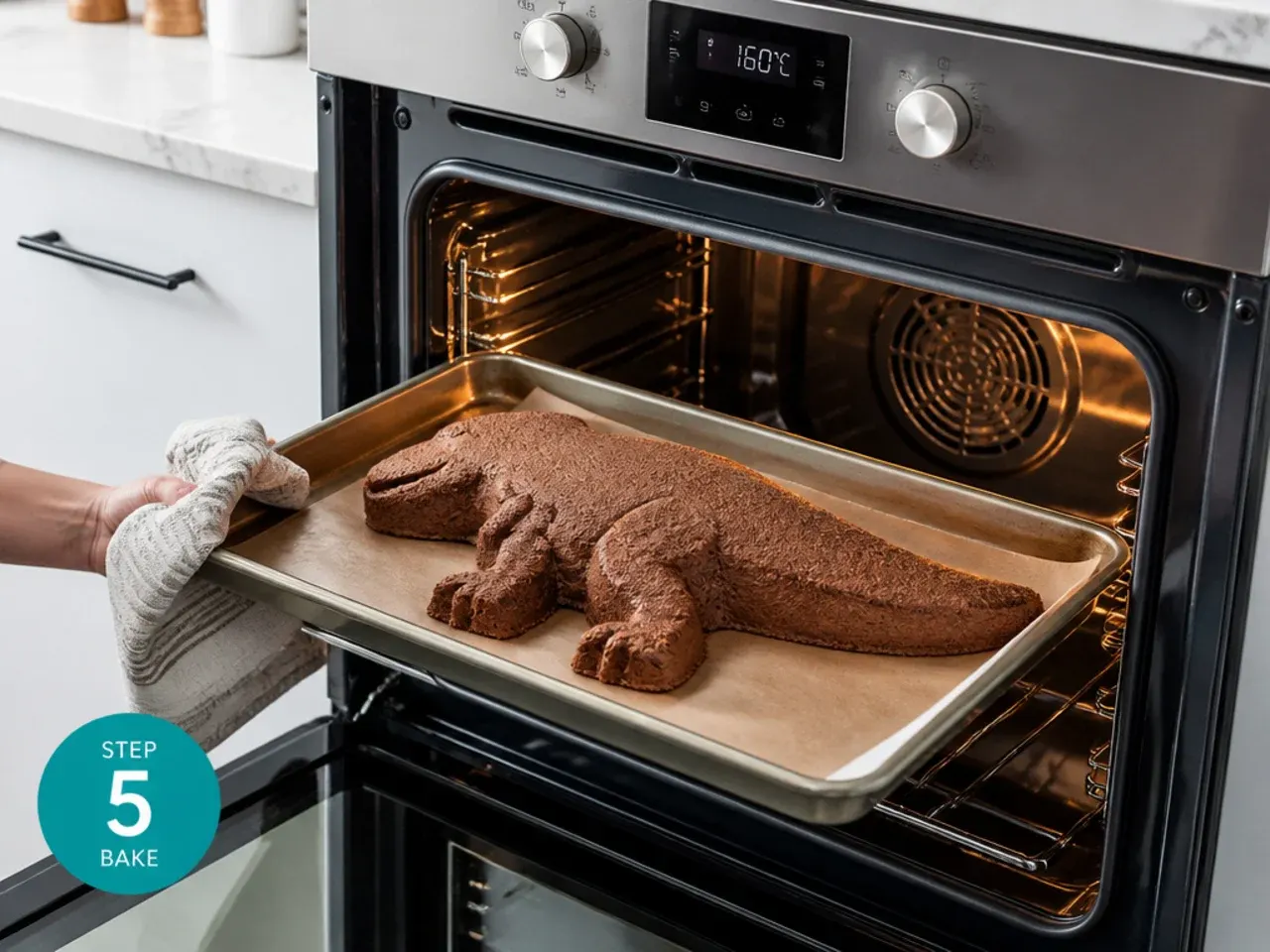t rex cake — step 5: bake