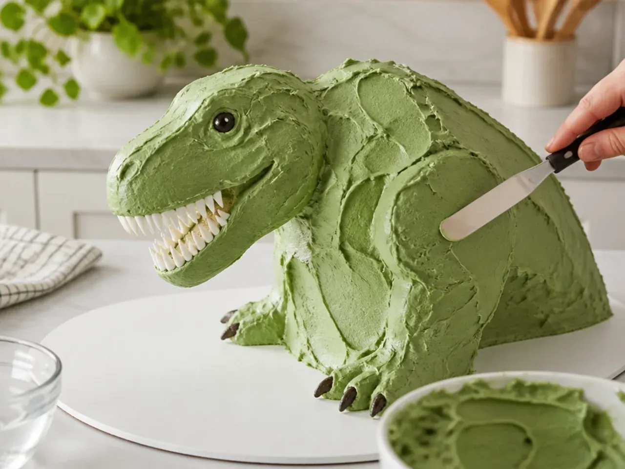 t rex cake — step 7: make green buttercream and decorate