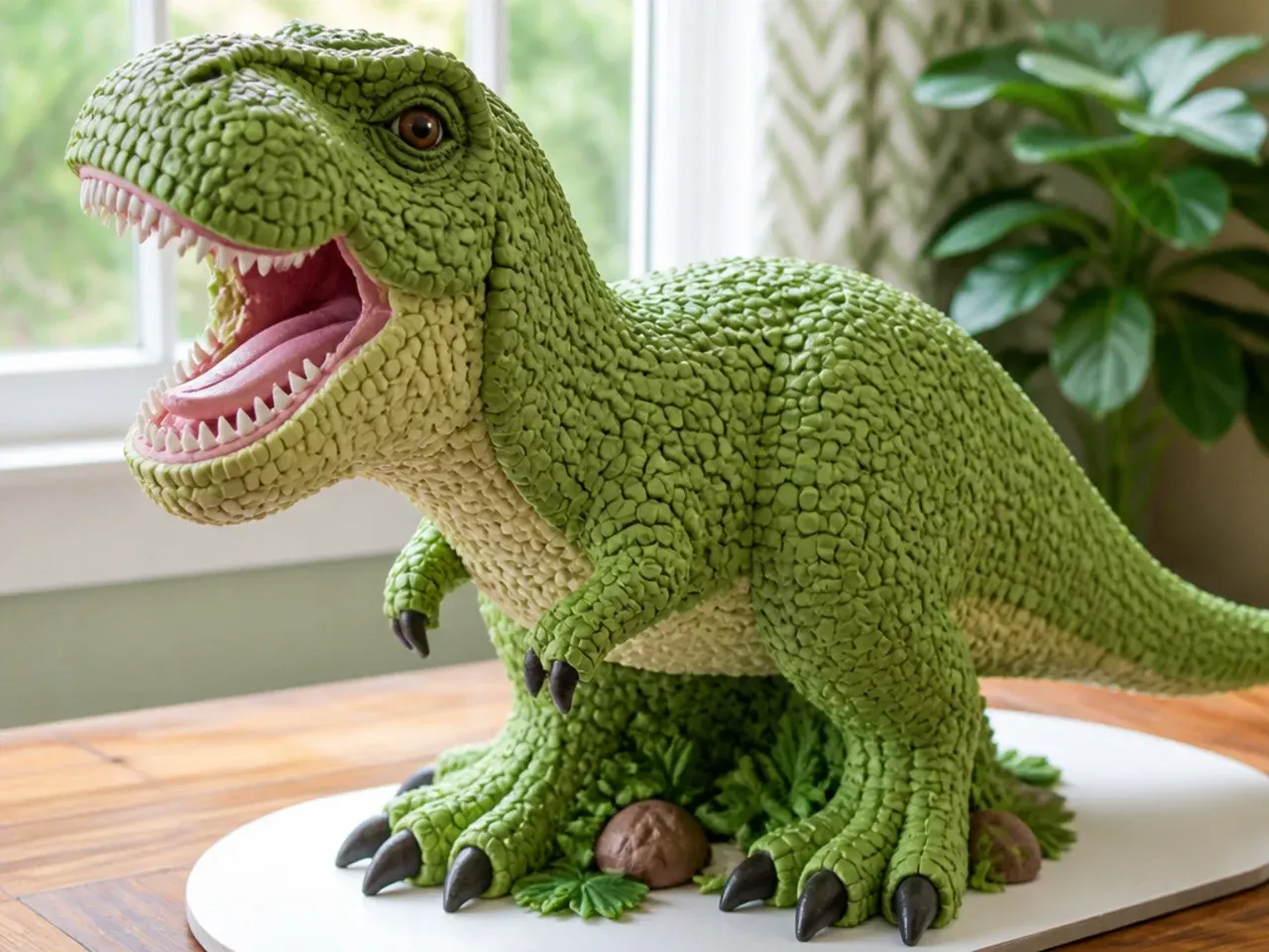 Carved 3D standing t rex cake covered in green buttercream scales