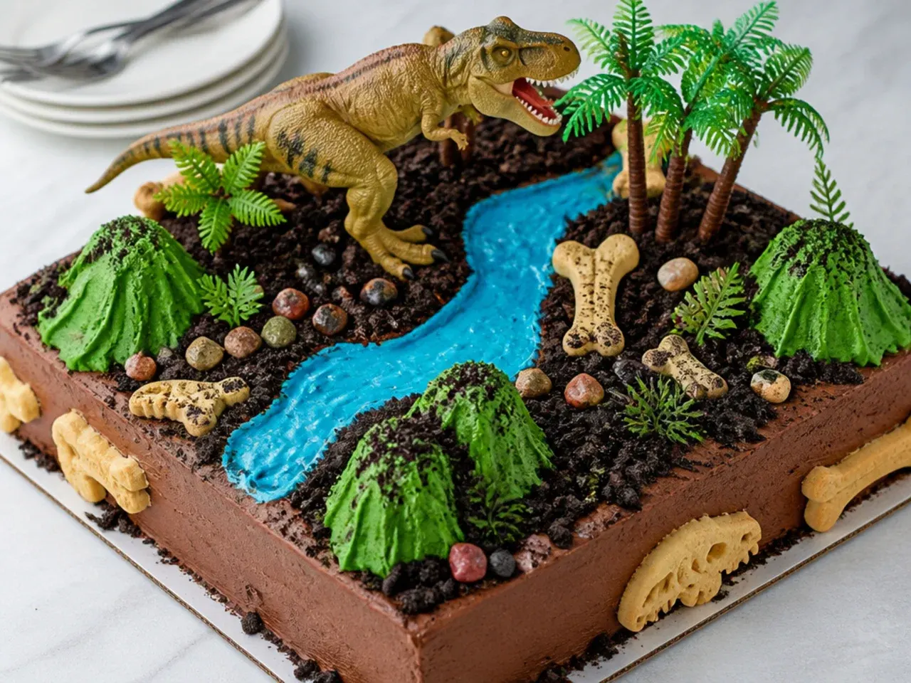 Easy dinosaur cake sheet cake with toy t rex figures and cookie dirt