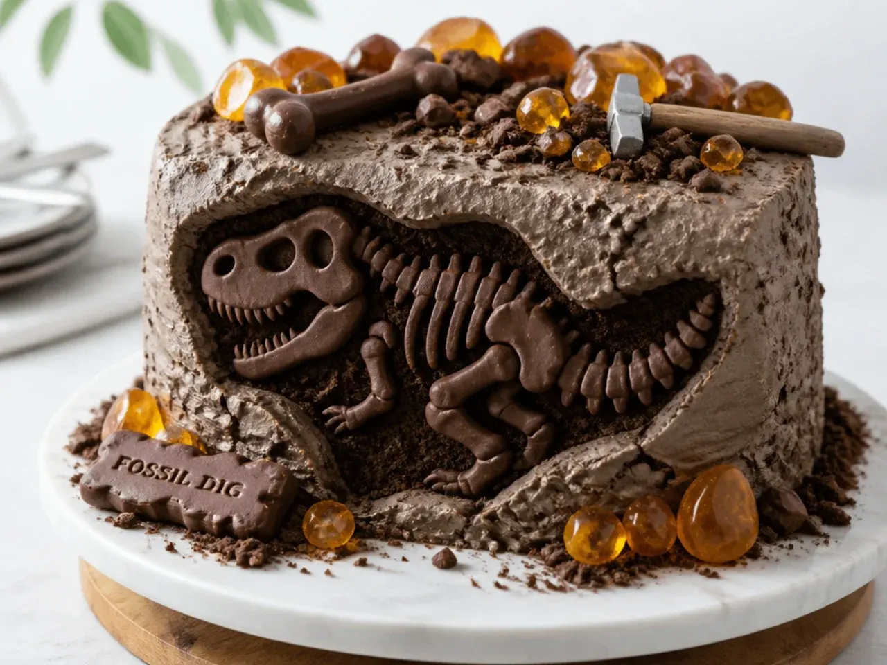 Elegant fossil dig geode t rex cake with amber candy and chocolate bones