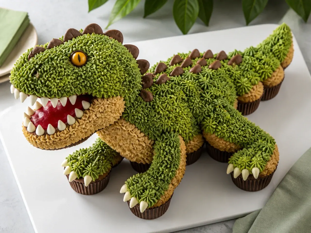 Playful pull-apart cupcake t rex cake shaped like a dinosaur