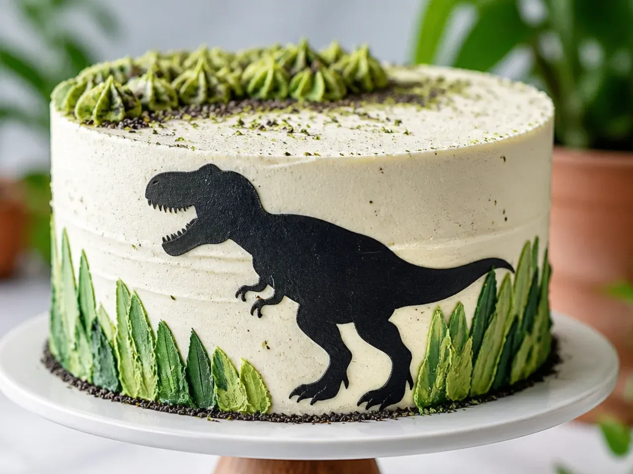 Modern buttercream t rex cake with black dinosaur silhouette stencil
