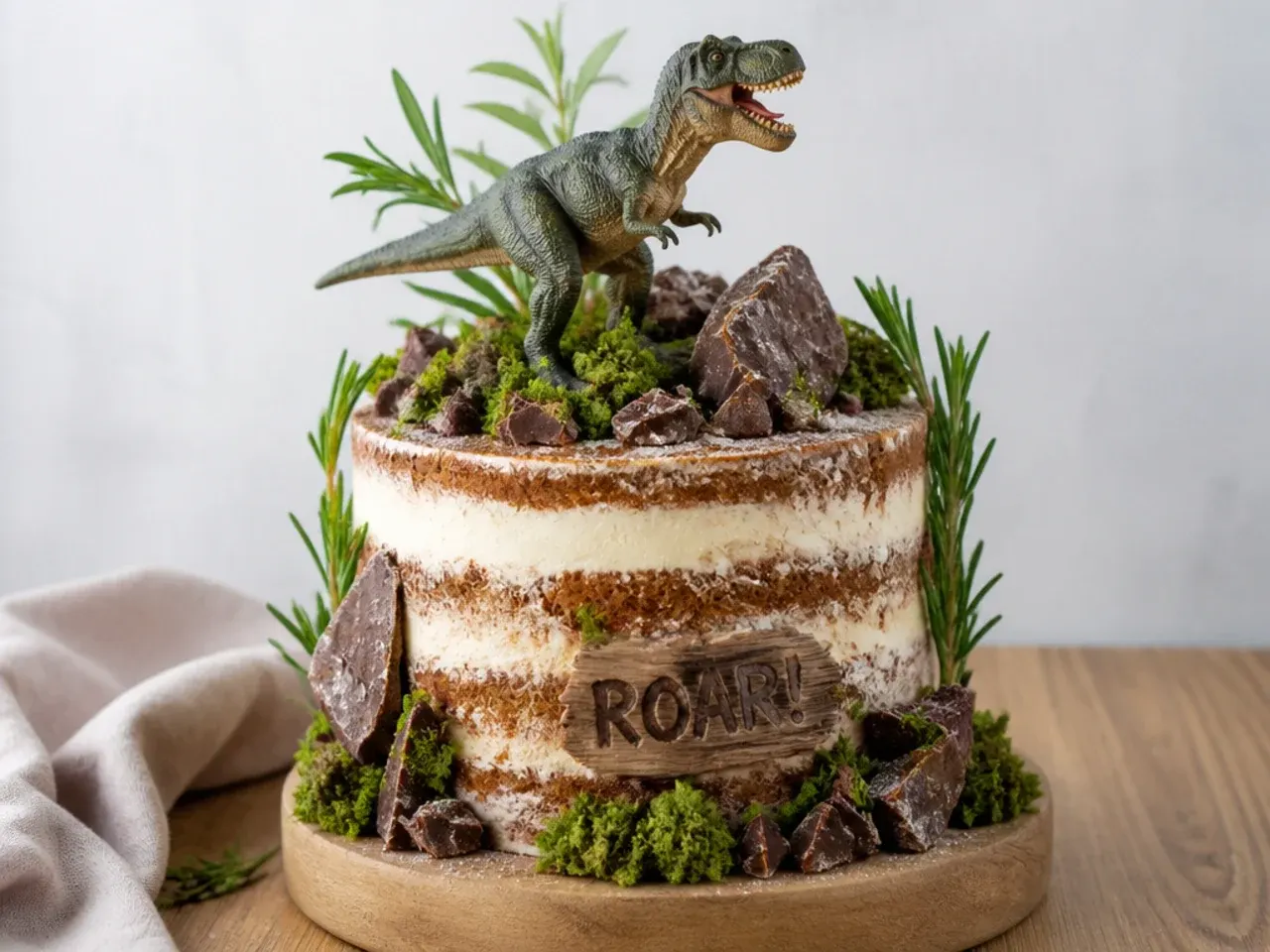 Rustic semi-naked jungle t rex cake with rosemary and chocolate rocks