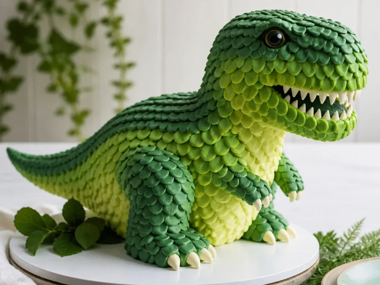 Colorful ombre green scales t rex dinosaur cake piped with petal tip