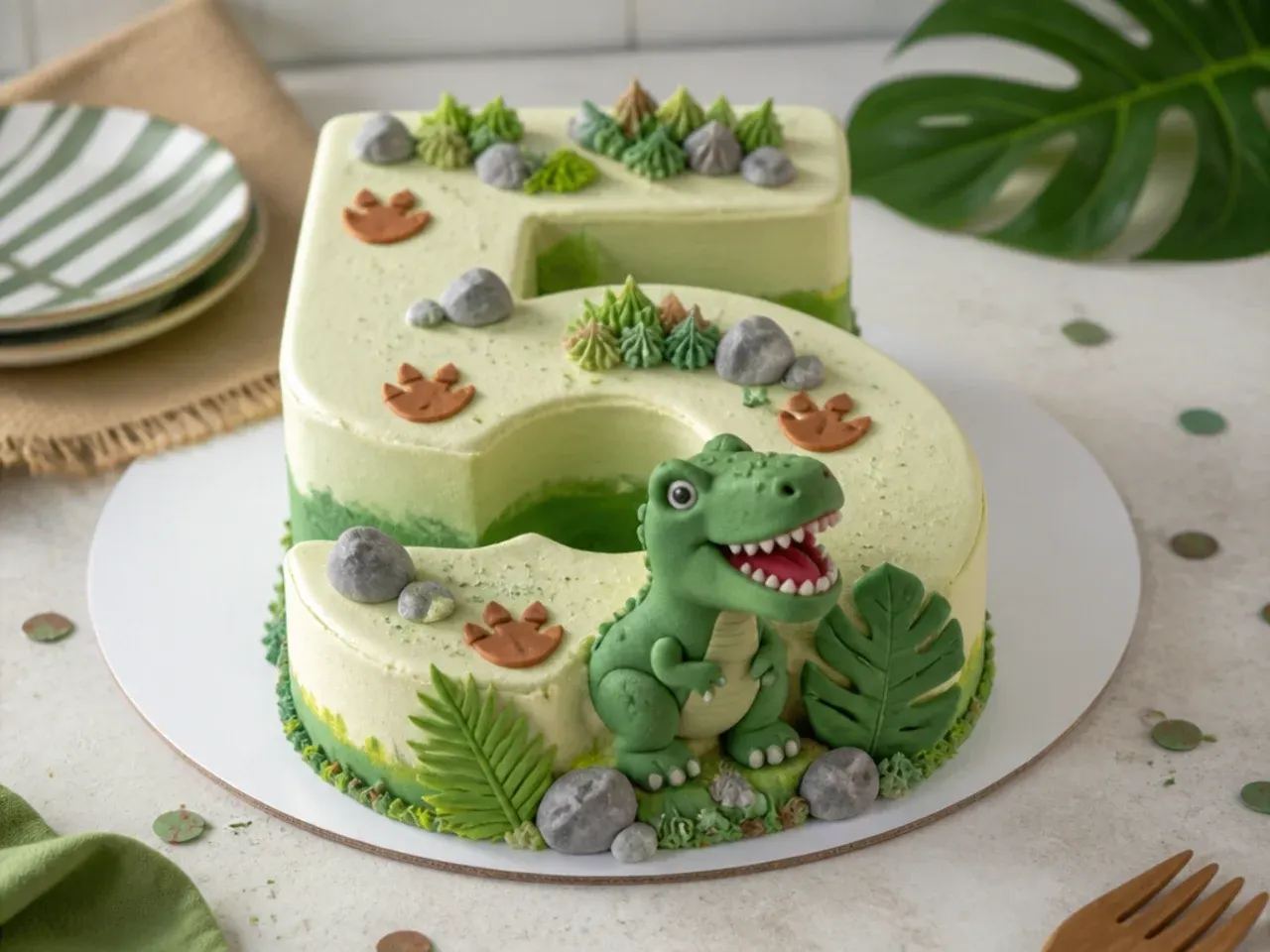 Minimal number cake for dino party with small t rex fondant accents