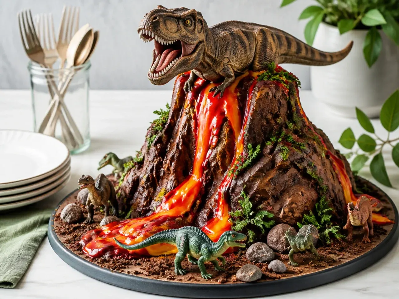 Festive volcano t rex cake with candy melt lava and fleeing dinosaurs