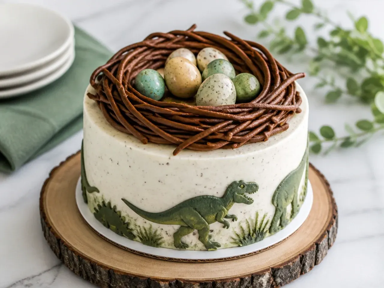 Whimsical dinosaur egg nest cake with speckled eggs and piped twig nest