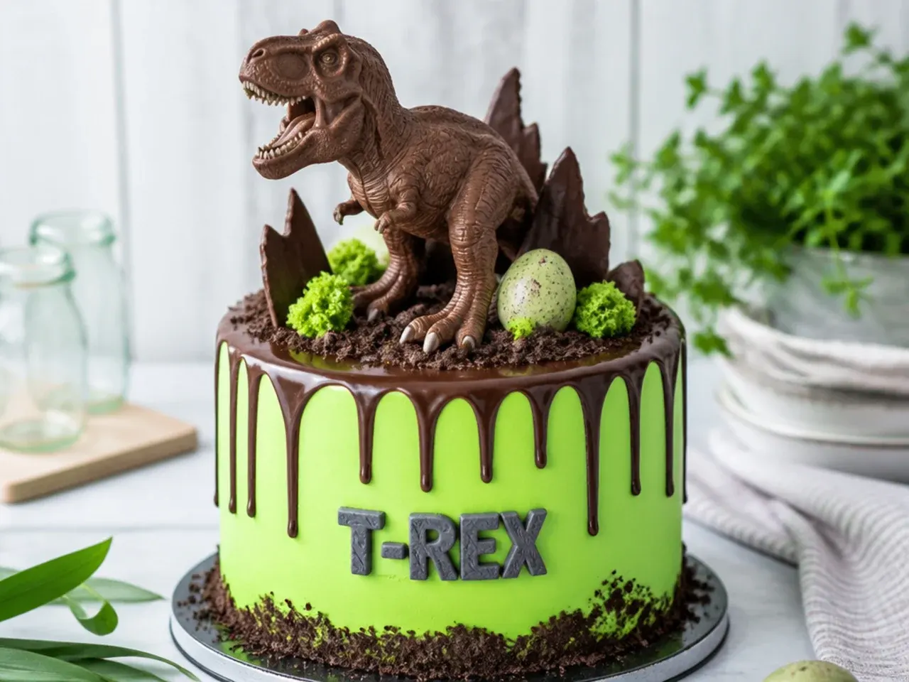 Bold green drip cake with chocolate ganache and molded chocolate t rex