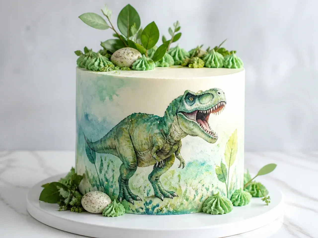 Delicate watercolor buttercream cake with painted t rex dinosaur