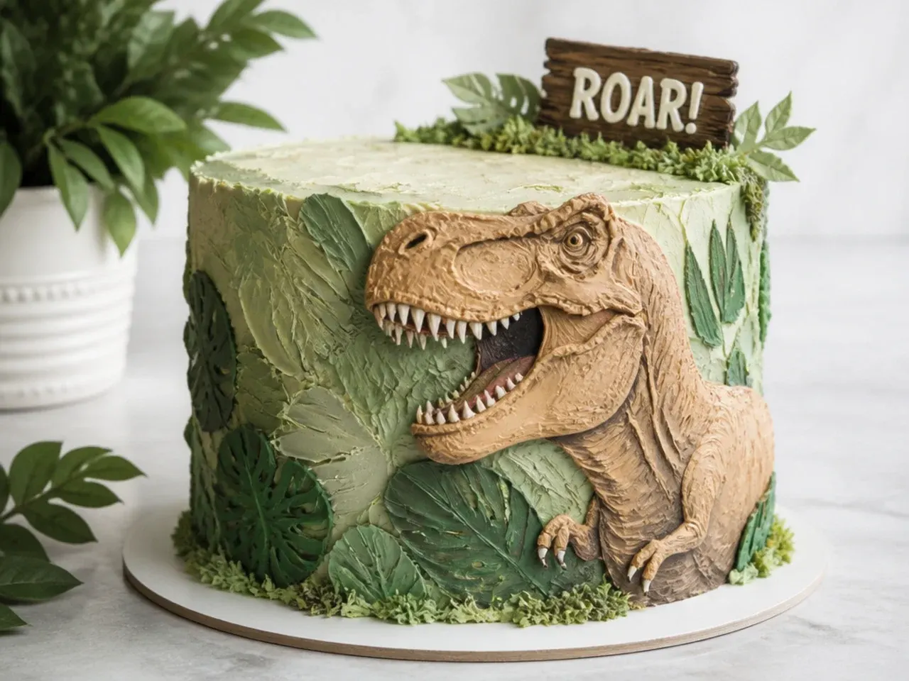 Vintage palette knife jungle t rex cake with textured buttercream leaves