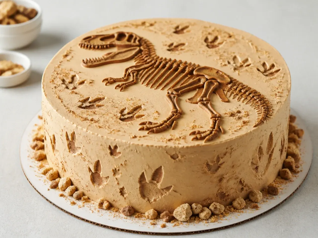 Creative dinosaur footprint and fossil stamped t rex cake in tan buttercream