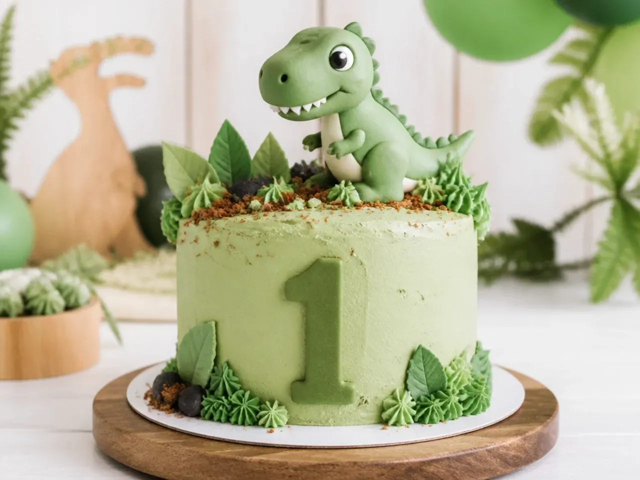Charming first birthday dino smash cake with soft green frosting