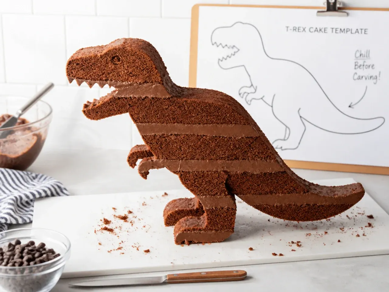 Tips for making a t rex dinosaur cake easier with chilled layers and templates