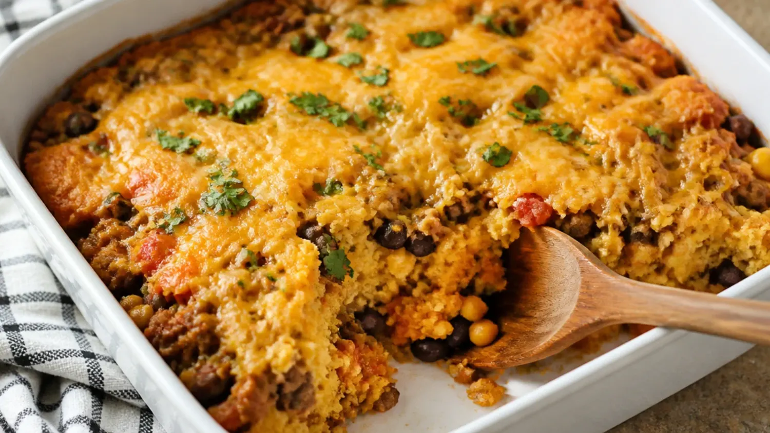Golden taco cornbread casserole in a baking dish topped with melted cheese and fresh coriander