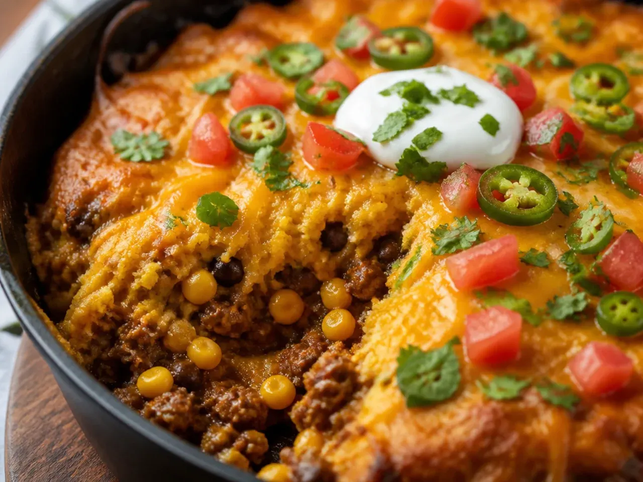 Overhead shot of taco cornbread casserole ingredients laid out on a kitchen counter