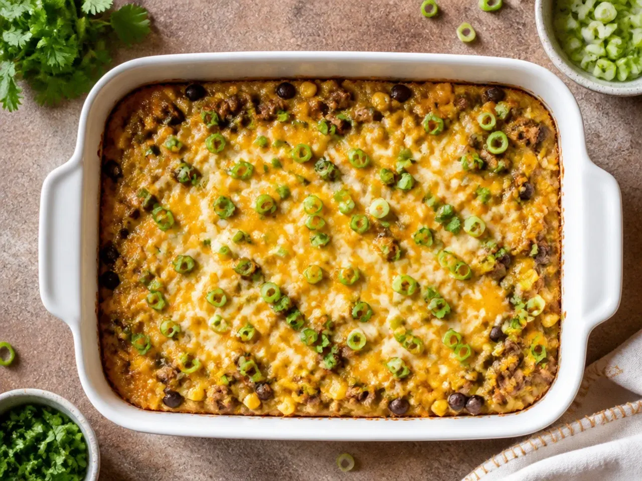 Slice of classic taco cornbread casserole showing seasoned beef filling under a cornbread topping