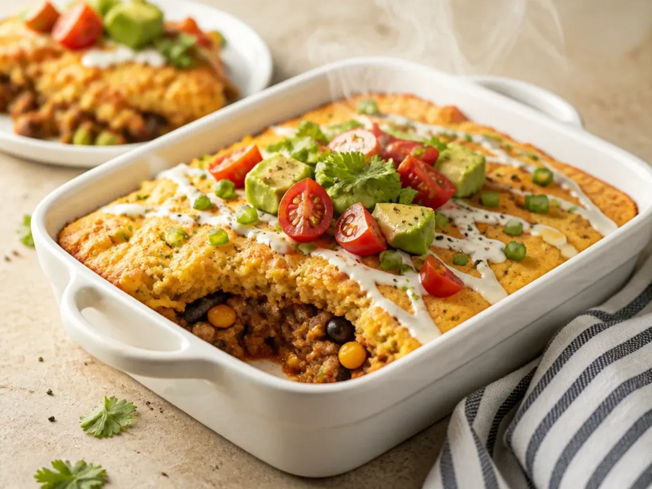 Ground turkey taco cornbread casserole filling being stirred in a skillet