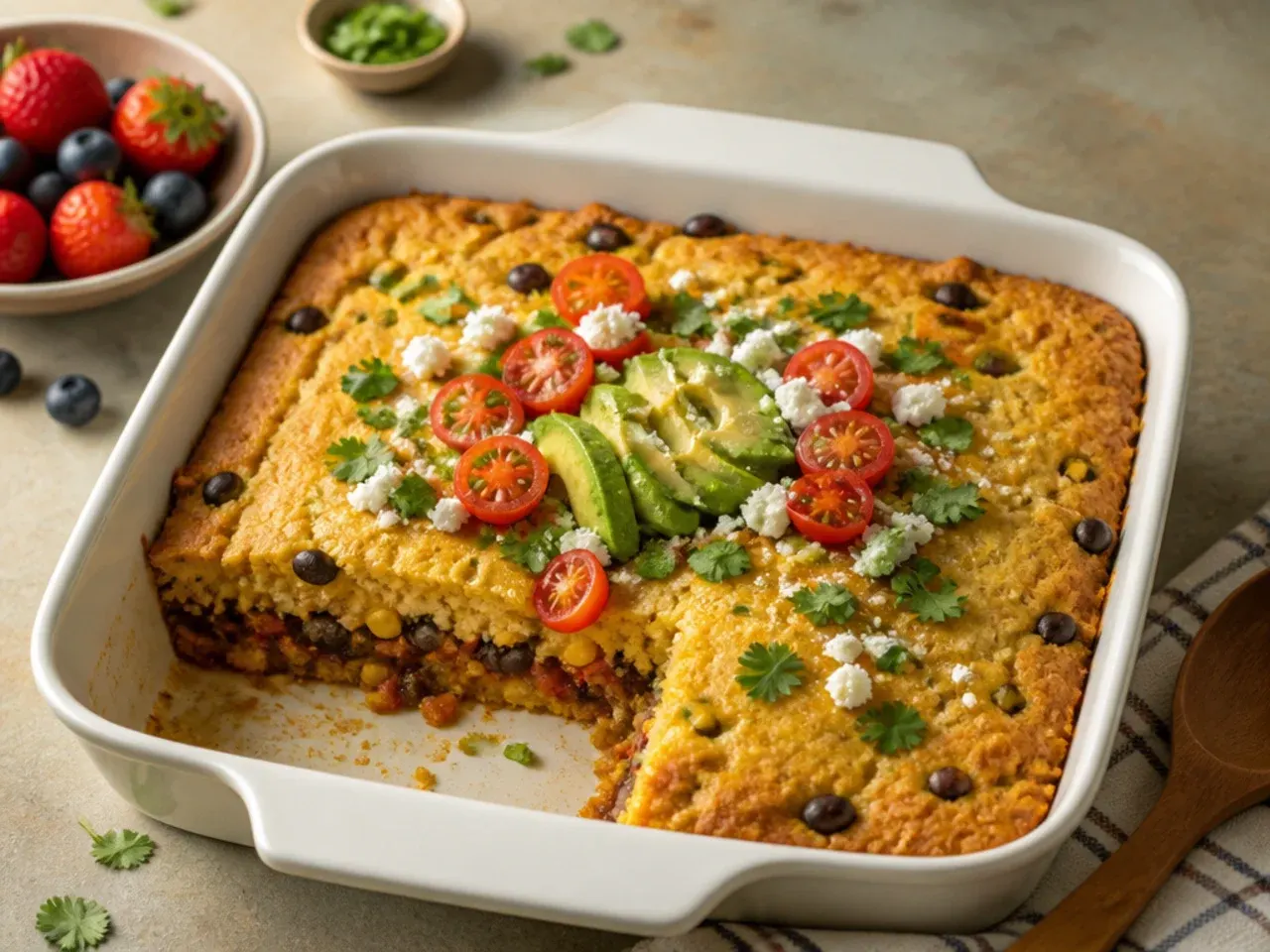Vegetarian black bean taco filling with peppers and corn in a casserole dish