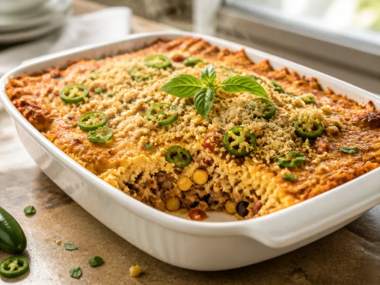 Spicy taco cornbread casserole topped with sliced jalapeños before baking