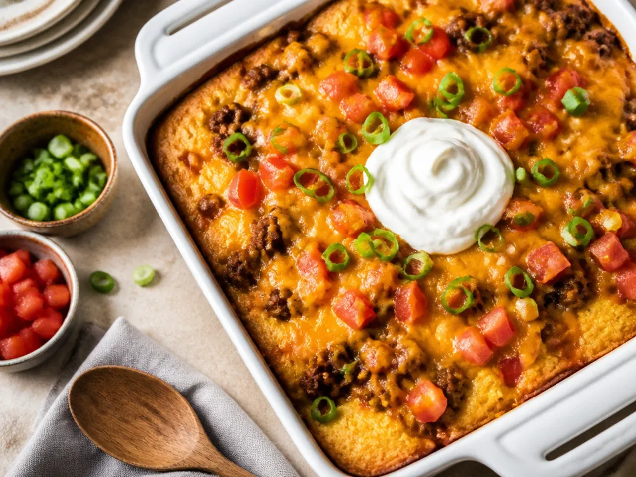 Loaded taco cornbread casserole topped with lettuce, tomato and crushed tortilla chips