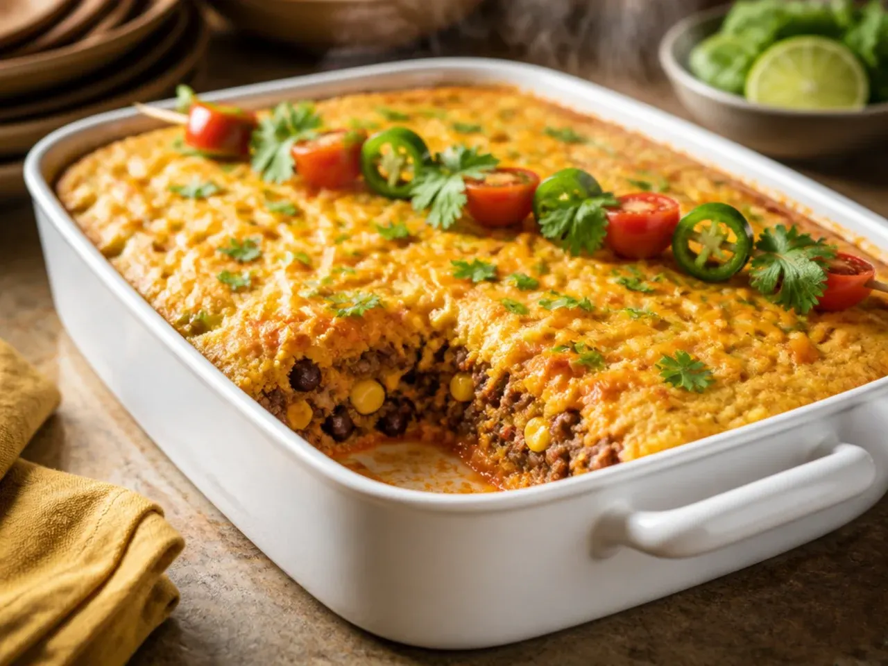 Golden best-ever taco cornbread casserole with a double layer of melted cheese
