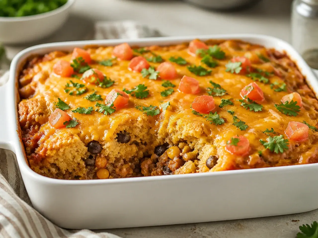 Extra cheesy taco cornbread casserole with a stretchy melted cheese pull