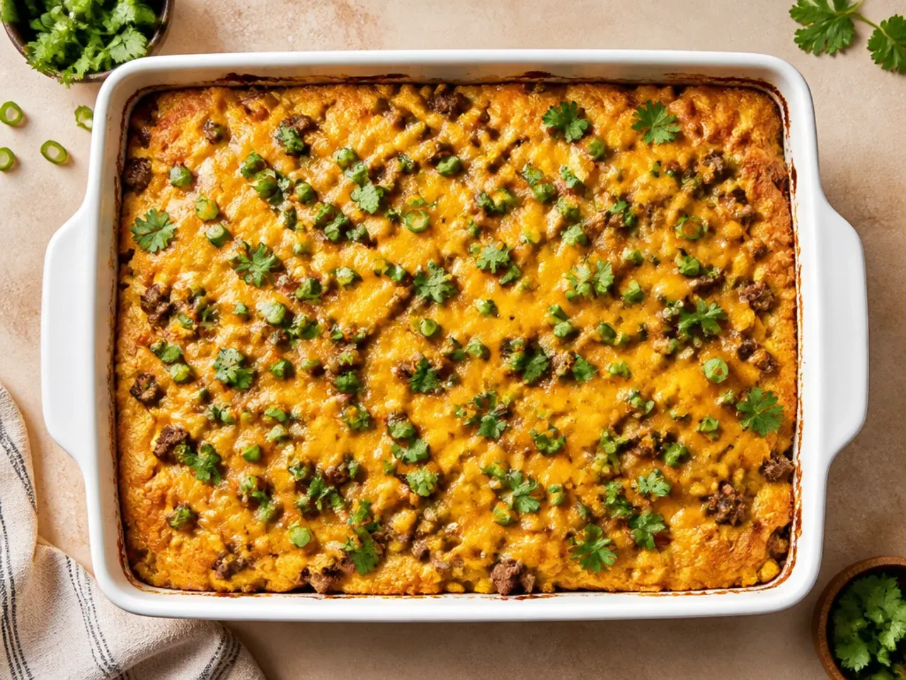 Budget-friendly taco cornbread casserole with extra beans and corn