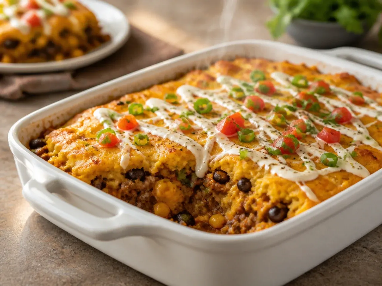 Large crowd-pleasing taco cornbread casserole in a big dish with toppings on the side