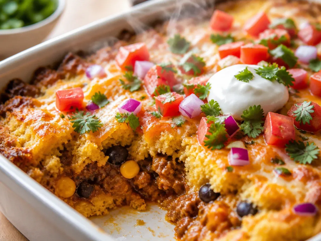 Make-ahead taco filling stored in a container ready to be topped and baked