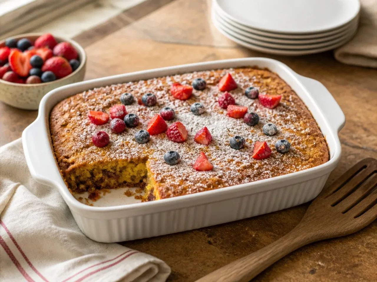 Family-style taco cornbread casserole cut into neat square portions