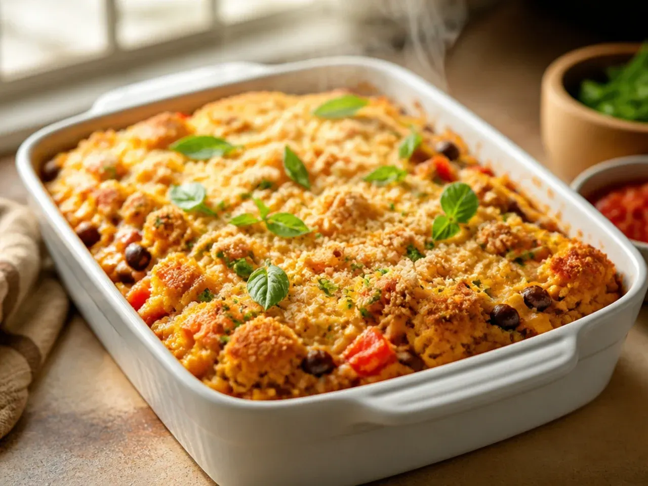 Festive taco cornbread casserole in a cast iron skillet garnished with avocado and pomegranate