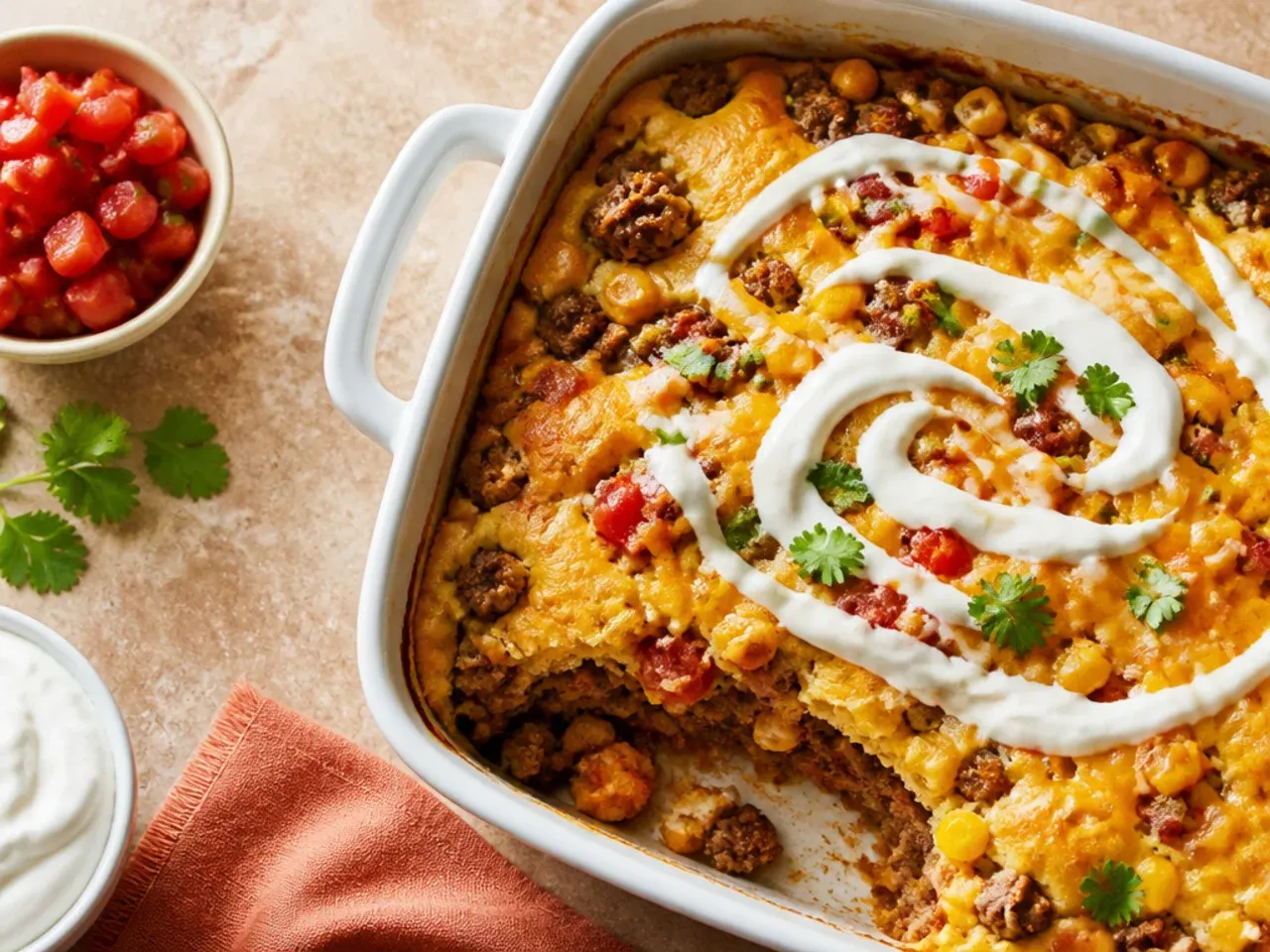 Quick taco cornbread casserole assembled in a single ovenproof skillet